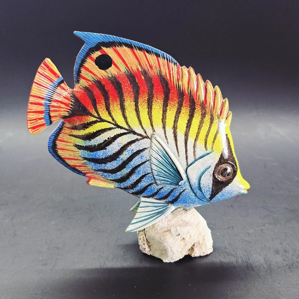 4 Hand Carved Hand Painted Tropical Fish on Real Coral Base 6